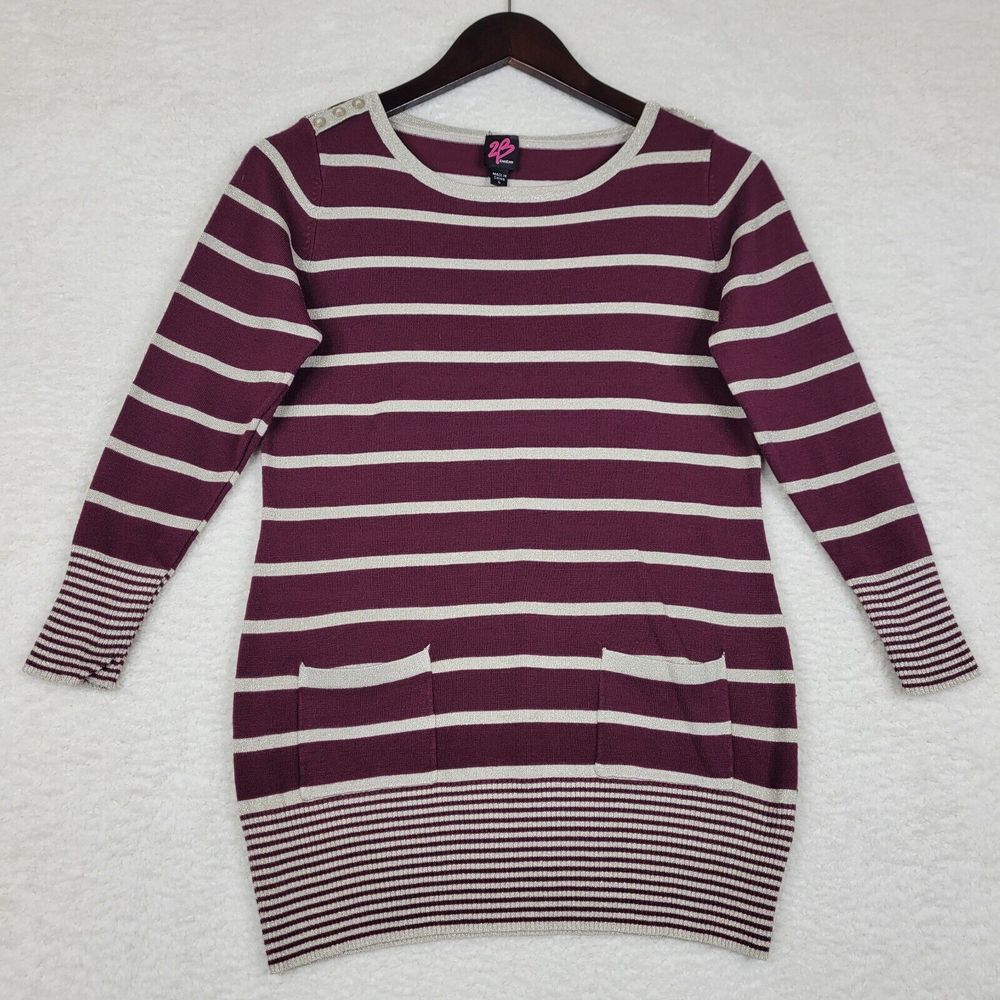 Bebe Sweater Womens Large Burgundy Gold Striped Glitter Long Sleeve Pockets